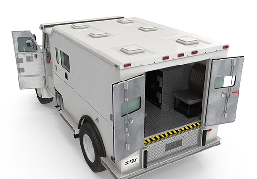 Transit vehicle with back door open